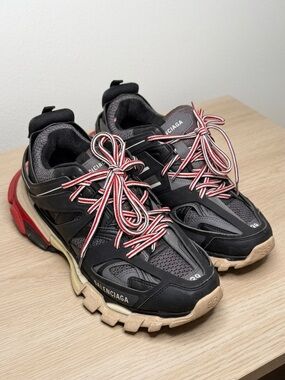 Balenciaga Black Track Sneakers with Red and Beige Accents